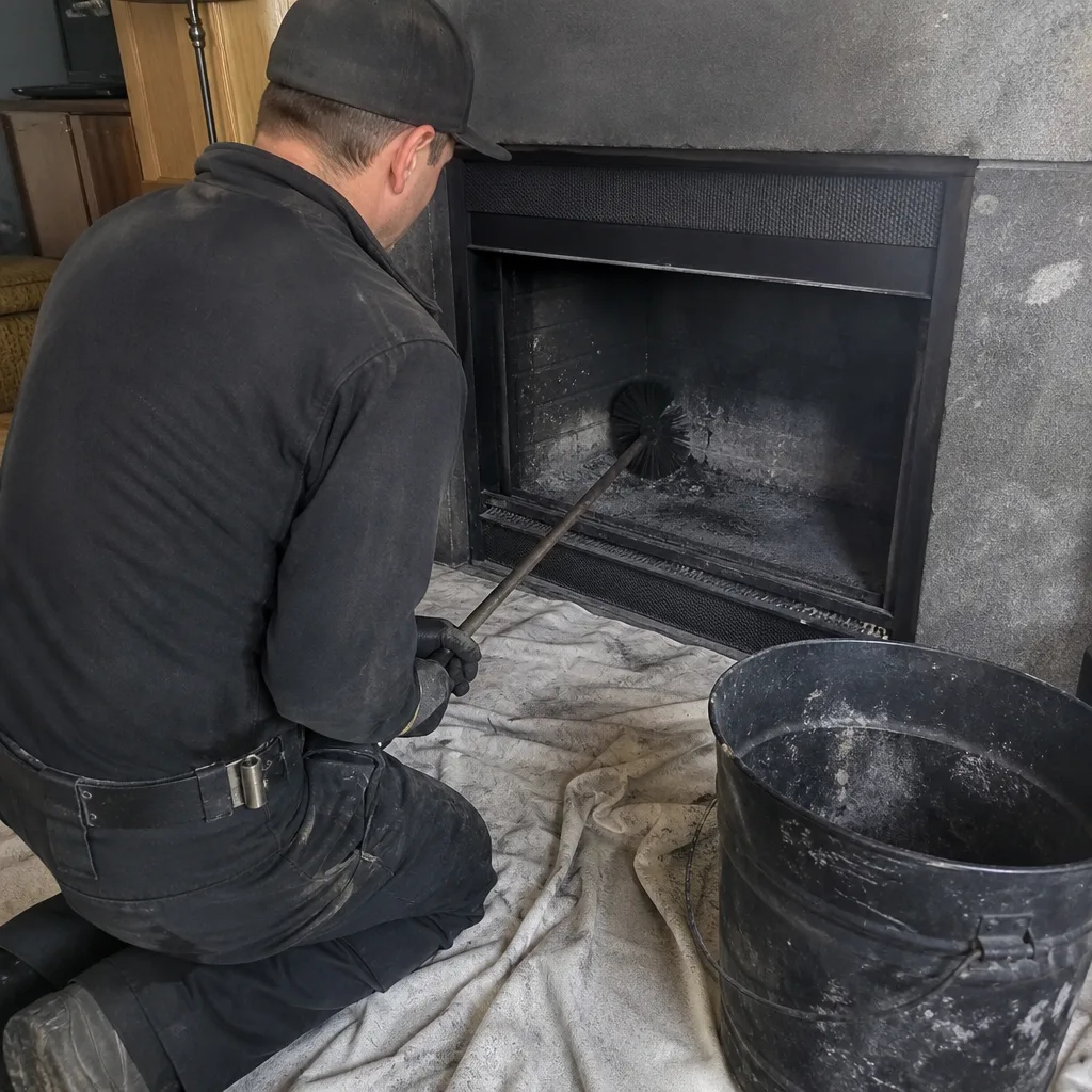 Professional chimney sweep cleaning a fireplace with a brush