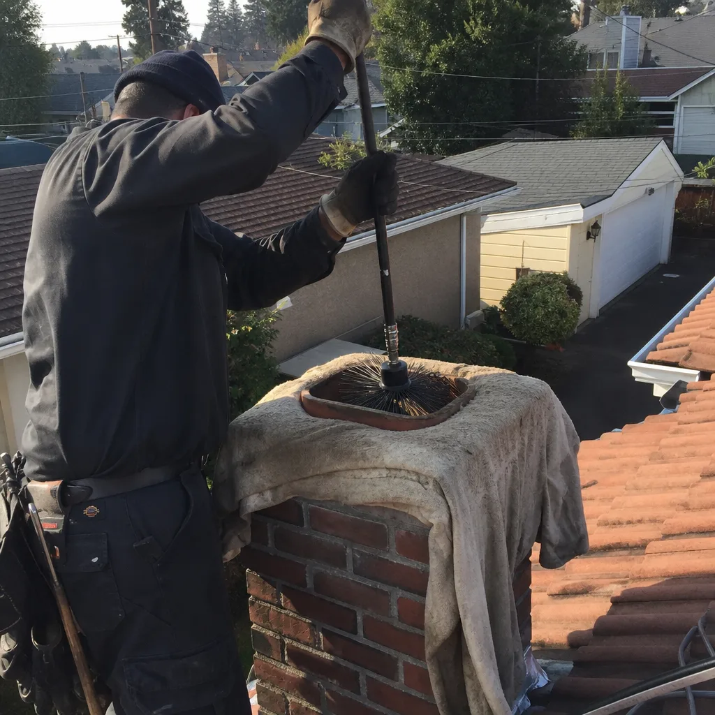 Professional chimney sweep cleaning a brick chimney flue from the roof.