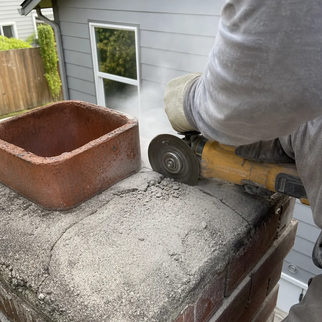 Technician using power tool to perform professional chimney crown repair